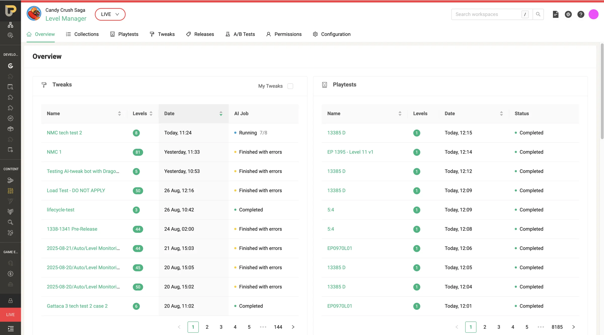 King Level Manager, Tweaks and Playtests overview tables